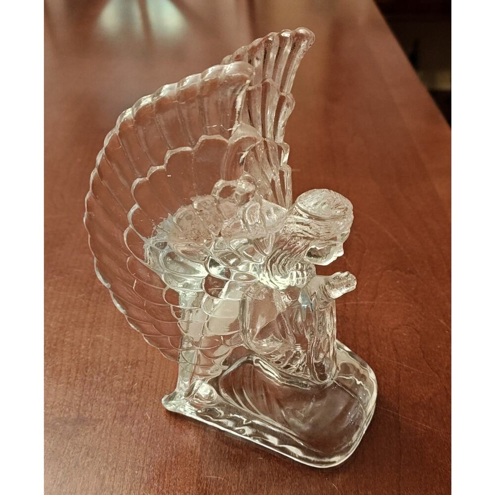 VTG Lead Crystal Kneeling Praying Angel Votive Candle Holder Clear 1980s Decor